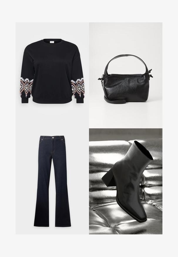 Schwarzes Sweatshirt mit rundem Ausschnitt. Lange Ärmel mit aufwändig bestickten Mustern in Weiß, Rosa und Gelb an den Bündchen. Weicher Stoff.; Dunkelblaue Jeans aus Denim mit hoher Taille und ausgestellten Beinen, mit Vordertaschen, Knopf- und Reißverschluss.; Schwarzer Knöchelstiefel aus glänzendem Material mit quadratischer Zehenform und verjüngtem Absatz, vor einem glänzenden silbernen gepolsterten Hintergrund.; Schwarze Lederhandtasche mit strukturiertem Design, rundem Haltegriff und abnehmbarem Schulterriemen. Sie weist eine glatte Oberfläche und einen subtilen Glanz auf.
