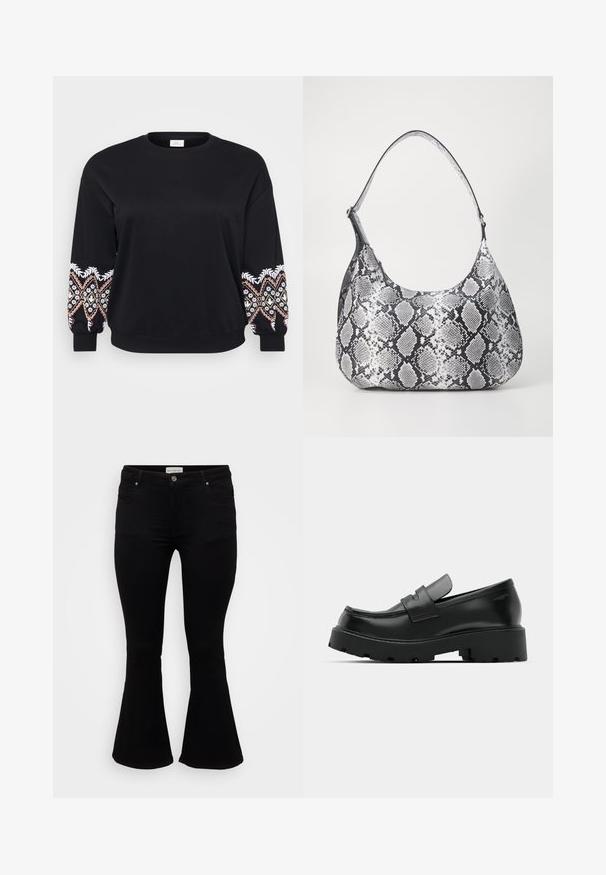 Sort sweatshirt med rund hals. Lange ærmer med intrikate broderede mønstre i hvid, pink og gul på manchetterne. Blødt stof.; Sorte flare jeans lavet af blød denim, med en tætsiddende talje, frontlommer og en flagrende kant for en afslappet pasform.; Sorte læder loafers med en chunky tekstureret sål, der har en rem over vamps og en glat, poleret finish.; Sort-hvid slangemønster skuldertaske med en rund form, glat tekstur og en buet rem. Har et sølvfarvet hardware-accents.