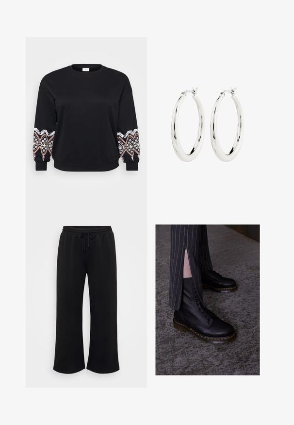 Sort sweatshirt med rund hals. Lange ærmer med intrikate broderede mønstre i hvid, pink og gul på manchetterne. Blødt stof.; Sorte brede sweatpants med elastisk talje og snøre, der har en glat overflade og ingen synlige mønstre eller detaljer.; Sorte læder snørebåndsstøvler med en struktureret overflade, gule syninger og en solid, gennemsigtig sål. Samlet med stribede bukser med lynlåse.; Sølvøreringe i form af hoops med en glat, blank finish. Cirkulær form, der har en sikker lås. Simpelt og elegant design.