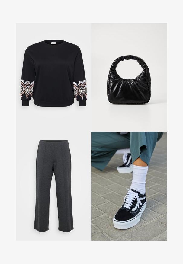 Sort sweatshirt med rund hals. Lange ærmer med intrikate broderede mønstre i hvid, pink og gul på manchetterne. Blødt stof.; Mørkegrå, vide bukser lavet af blød, strækbar stof. Har en glat talje og flad front med subtile folder for ekstra detaljer.; Sorte ruskinds sneakers med hvide accenter og snørebånd, der har en tyk hvid sål og kontrasterende syninger, parret med en hvid sok.; Sort polstret håndtaske med et rundt håndtag, der har en glat, skinnende overflade og en blød, kviltet tekstur. Ingen synlige hardware eller accenter.