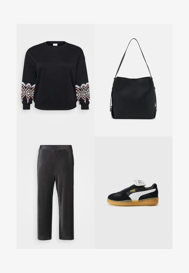 Sweatshirt noir avec col rond. Manches longues ornées de motifs brodés complexes en blanc, rose et jaune sur les poignets. Tissu doux.; Pantalons noirs côtelés, longueur cheville avec une texture lisse et une taille élastique pour le confort. Présente un design à jambe droite.; Des baskets en daim noir comportent des accents en cuir blanc, un col rembourré et une semelle en caoutchouc beige. Le logo de la marque apparaît en doré sur le côté.; Pieces PCBONY - Sac à main - black