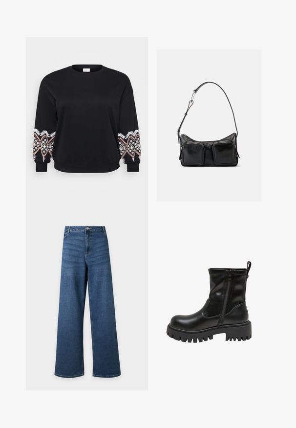 Schwarzes Sweatshirt mit rundem Ausschnitt. Lange Ärmel mit aufwändig bestickten Mustern in Weiß, Rosa und Gelb an den Bündchen. Weicher Stoff.; Blaue Jeans mit weitem Bein, vorne mit Knopf- und Reißverschluss, vorderen Taschen und Gürtelschlaufen, flach auf hellem Hintergrund liegend dargestellt.; Schwarzer Lederstiefel bis zur Mitte der Wade mit dicker Profilsohle, seitlichem Reißverschluss, Zuglasche hinten und eingeprägtem Markennamen am Sohlenrand.; Schwarze Leder-Umhängetasche mit verstellbarem Riemen und zwei großen, vorderen Reißverschlusstaschen vor schlichtem, hellem Hintergrund.
