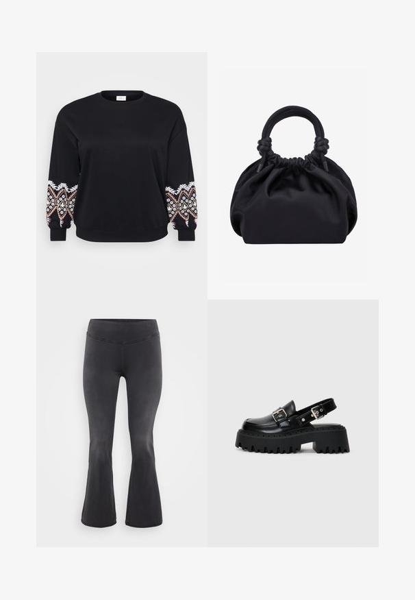 Sort sweatshirt med rund hals. Lange ærmer med intrikate broderede mønstre i hvid, pink og gul på manchetterne. Blødt stof.; ONLY Carmakoma Flared fit CARROYAL Mid waist - Flared jeans - washed black; Sorte platform sandaler lavet af skinnende læder, med en spænde rem og en tekstureret tyk sål med udtalte riller.; Sort blød stofhåndtaske med samlet top og cirkulære polstrede håndtag bundet med knuder på hver side.