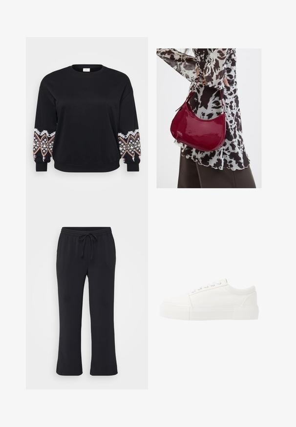 Sort sweatshirt med rund hals. Lange ærmer med intrikate broderede mønstre i hvid, pink og gul på manchetterne. Blødt stof.; Sorte joggerbukser lavet af blødt stof, med en elastisk talje med snørre, sidelommer og et lige ben.; Hvide lærreds sneakers med en tykk, hvid gummisål, der har en rund tå og et klassisk snørebånddesign med fem øjekroge.; Kvinde iført en sort- og hvidmønstret bluse, der holder en blank rød skuldertaske mod en ensfarvet baggrund.