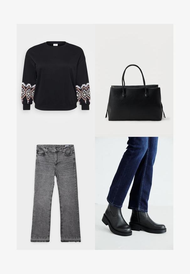 Sort sweatshirt med rund hals. Lange ærmer med intrikate broderede mønstre i hvid, pink og gul på manchetterne. Blødt stof.; Grå denimjeans med lige ben, fem lommer, synlige sømme, bæltestropper, knap og lynlåslukning, lagt fladt på en hvid baggrund.; Sorte læder ankelstøvler med en kraftig sål og elastiske sider, parret med mørkeblå jeans. Gulvet er lysfarvet.; Sort lædertaske med to håndtag, rektangulær form og en enkel, struktureret overflade på en ensfarvet hvid baggrund.