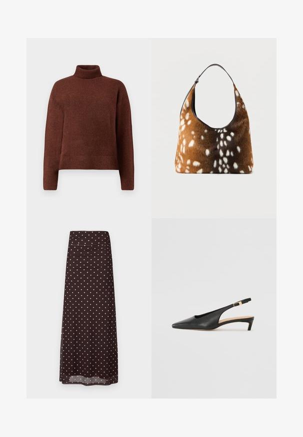 Brun rullekrave sweater lavet af blødt strikket stof, med en afslappet pasform, ribbede manchetter og kant. Glat tekstur med minimal detaljer.; Brun lang nederdel med lyserøde polkaprikker, med lidt rynket talje og en lige, flydende silhuet.; Sorte læder slingback hæle med spids tå, lav hæl og justerbar ankelstrop med en guldfarvet spænde. Glat tekstur.; Brun og sort håndtaske med hvid pletskindtekstur og en enkelt sort skulderrem på en ensfarvet baggrund.