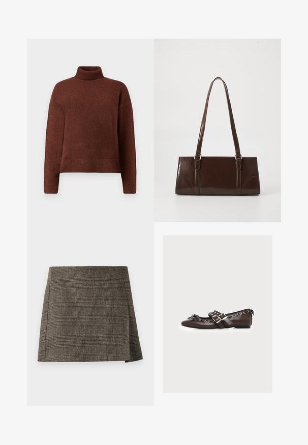 Brun rullekrave sweater lavet af blødt strikket stof, med en afslappet pasform, ribbede manchetter og kant. Glat tekstur med minimal detaljer.; Brun og grå plaid mini nederdel med subtilt sidesnit, lige snit og tekstureret stof.; Brun læder flad sko med dobbelte sølvspænder, dekorative snørebånd langs kanterne og en lille sløjfe på den spidse tå.; Brun lakeret håndtaske med rektangulær form, to lange håndtag og subtile buede detaljer på fronten.