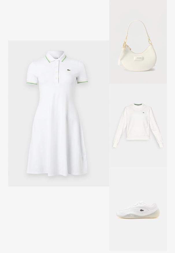 Sudadera blanca de cuello redondo con mangas largas, puños y dobladillo acanalados, que presenta un pequeño logo de cocodrilo verde en el lado izquierdo del pecho.; Vestido tipo polo blanco de manga corta con cuello y puños de manga a rayas verdes, tapeta con botones y pequeño logotipo de cocodrilo verde en el pecho.; Zapatilla blanca de corte bajo con laterales perforados, suela translúcida, cordones y un pequeño logo negro de cocodrilo en el lado exterior.; Bolso de hombro blanco con forma de media luna, con herrajes en tono dorado, cierre de cremallera y logo "LACOSTE" en el panel frontal.