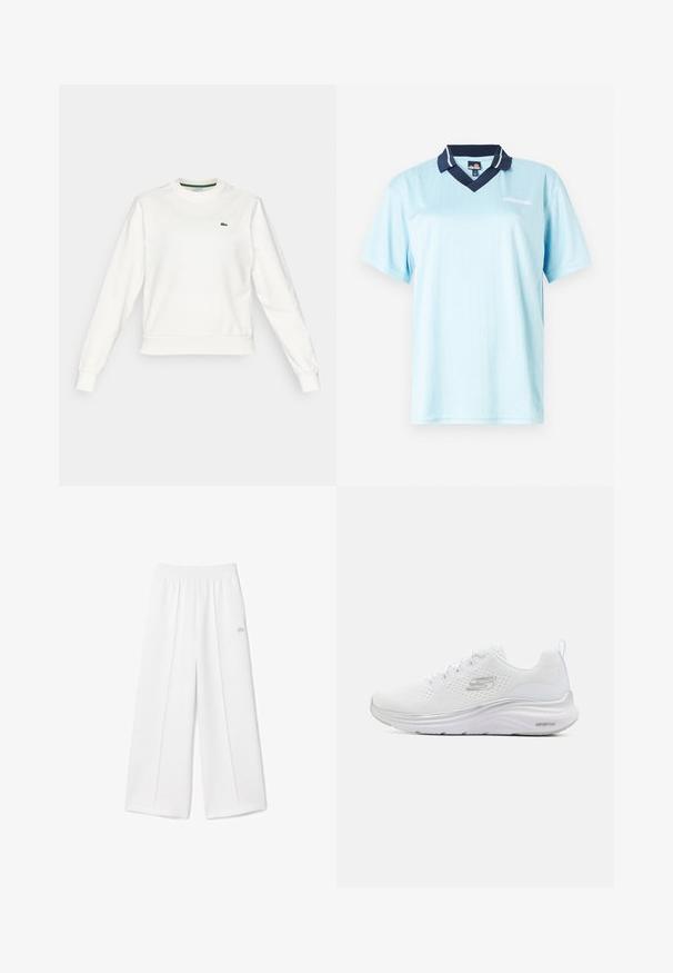 Witte sweatshirt met ronde hals en lange mouwen, met ribgebreide manchetten en zoom, voorzien van een klein groen krokodillenlogo op de linkerborst.; Lichtblauwe polo met korte mouwen en een marinekleurige kraag. Verticale streepjes en logo-accent aan de voorkant. Gladde, lichte stof.; Witte wijde broek met een elastische tailleband, zachte stofstructuur, centrale plooien en een klein geborduurd Lacoste-logo aan de zijkant.; Witte sportschoen met een ademende mesh bovenkant, gevoerde kraag, reflecterende accenten en een textuur rubberen outsole, gelabeld "VAPORFOAM."