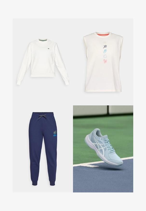 Weißes Rundhals-Sweatshirt mit langen Ärmeln, gerippten Bündchen und Saum, mit einem kleinen grünen Krokodil-Logo auf der linken Brust.; Helles, cremfarbenes Baumwoll-T-Shirt ohne Ärmel mit rundem Halsausschnitt, verziert mit bunten gestickten Symbolen: Muschel, Tennisschläger, Spirale, Ball, Hahn.; Dunkelblaue Jogginghose mit Kordelzugbund und Bündchen an den Knöcheln. Mit einem lebhaften Lotto-Logo auf dem linken Oberschenkel. Aus weichem Stoff gefertigt.; Hellblauer Sportschuh mit Mesh-Obermaterial, strukturierten Details und einer gepolsterten Sohle, der über einer blauen Spielfläche schwebt.