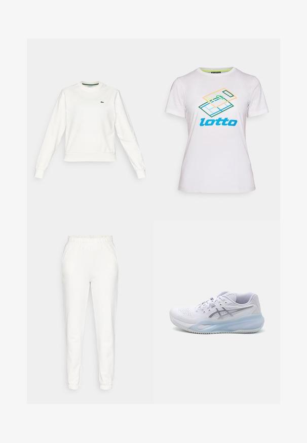 Valge crewneck-svetar pikkade varrukatega, ribaga mansettide ja hemiga, millel on vasakul rinnal väike roheline krokodilli logo.; Valge lühikeste varrukatega t-särk, mis on valmistatud puuvillast, ja millel on esiküljel värviline geomeetriline graafika ning sinine "lotto" logo.; Valged kitsene püksid elastse vöökoha ja soonikute lood, esitlemas küljetaskuid ja kuvatud ühel taustal.; Valge sportlik king, millel on võrkkangas ülemine osa, tekstureeritud disain, helesinine tald ja hallid aksessuaarid. Omab nööpkindlat sulgemisviisi ja tugevdustega varbaosa.