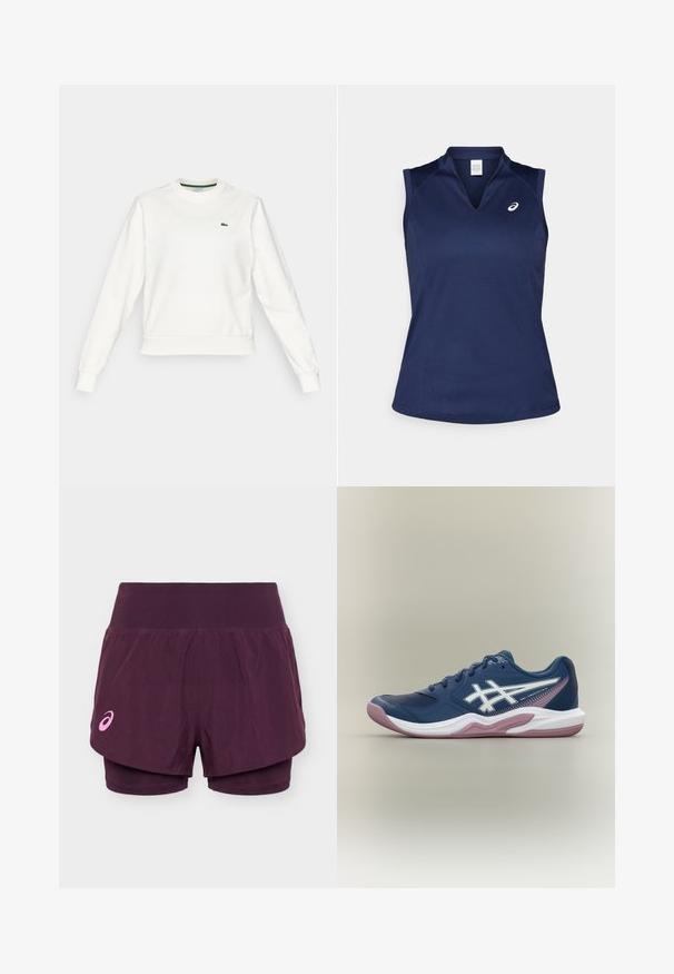 Sudadera blanca de cuello redondo con mangas largas, puños y dobladillo acanalados, que presenta un pequeño logo de cocodrilo verde en el lado izquierdo del pecho.; Top deportivo sin mangas en color navy con cuello en V, hecho de una tela suave y que absorbe la humedad; cuenta con costuras planas y un pequeño logo en el lado izquierdo del pecho.; Pantalones cortos para correr de doble capa en color púrpura con una cintura ancha y un pequeño logotipo rosa de Asics en la pierna izquierda.; Zapatilla deportiva azul marino con suela blanca y rosa, logo blanco en el lateral, diseño con cordones y detalles de malla en la puntera y laterales.