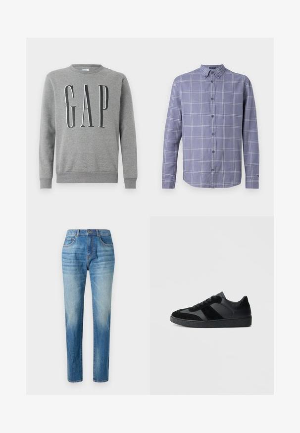 Grijze sweatshirt met een ronde hals, ribgebreide manchetten en zoom, met het woord "GAP" in grote zwarte letters op de voorkant. Zachte stoftextuur.; Lange mouwen, knoopsluiting overhemd in een zachte paarse stof met een geruit patroon in het wit. Heeft een button-down kraag en manchetten.; Lichtblauwe denim jeans met een rechte pijp, voorzien van een hoge taille, subtiele vervaging en klassieke vijf-pocket stijl. Metalen knoopsluiting.; Zwarte sneakers met een mix van glad leer en suède, een gestructureerde zwarte rubberen zool en subtiele streepdetails.