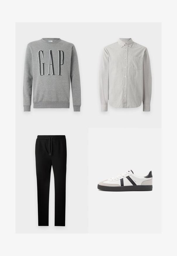 Grauer Sweatshirt mit Rundhalsausschnitt, gerippten Bündchen und Saum, mit dem Wort "GAP" in großer schwarzer Schrift auf der Vorderseite. Weicher Stoff.; Gestreiftes Langarmhemd aus Baumwolle. Verfügt über einen Button-Down-Kragen, eine Brusttasche und Manschetten mit gestreiften Details.; Schwarze Jogginghose mit taillierter Passform, elastischem Bund und Kordelzug. Hergestellt aus weichem Stoff mit glatter Textur und ohne sichtbare Muster.; Weiße Sneaker mit schwarz- und grau-aczenten, ausgestattet mit einer strukturierten grauen Zehenkappe, schwarzer Gummi-Sohle und flachen weißen Schnürsenkeln. Sauberes Design, minimalistische Stil.