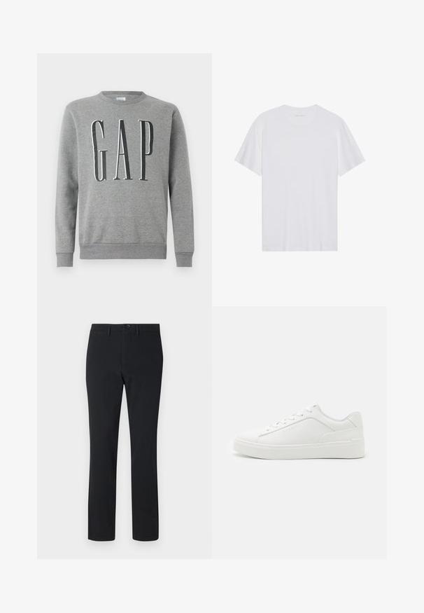 Grå sweatshirt med rund hals, ribbede manchetter og kant, med ordet "GAP" i store sorte bogstaver på forsiden. Blød stofstruktur.; Hvid bomulds T-shirt med korte ærmer, rund hals og en glat tekstur. Har minimal branding på halsudskæringen.; Sort, lige ben bukser lavet af glat stof. Har en frontknaplukning, bæltestropper og to sidelommer.; Hvide low-top sneakers lavet af glat læder, med rund tå, flade såler og subtil branding på siden.