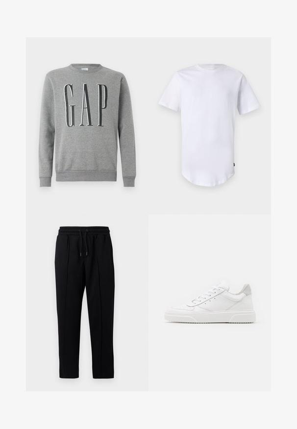 Grauer Sweatshirt mit Rundhalsausschnitt, gerippten Bündchen und Saum, mit dem Wort "GAP" in großer schwarzer Schrift auf der Vorderseite. Weicher Stoff.; Weißes T-Shirt mit kurzen Ärmeln aus Baumwolle. Rundhalsausschnitt mit abgerundetem Saum. Etikett auf der unteren linken Seite sichtbar. Glatte Textur.; Schwarze Sweatpants mit Kordelzug, elastischem Bund und dezenten Nahtdetails an der Vorderseite, vor einem weißen Hintergrund präsentiert.; Weiße Leder-Sneaker mit glatter Oberfläche, rundem Zehenbereich, flachen Schnürsenkeln und strukturiertem Schuhsohlen. Graues Wildleder-Detail an der Ferse.
