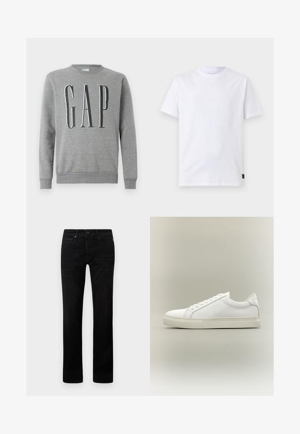 Grå sweatshirt med rund hals, ribbede manchetter og kant, med ordet "GAP" i store sorte bogstaver på forsiden. Blød stofstruktur.; Simpel hvid T-shirt med korte ærmer og rund halsudskæring med en lille sort vaskeanvisningslabel nederst i sømmen på en lysegrå baggrund.; Sorte denimjeans med lige ben-design. Har lynlås, fem lomme-stil og minimal slitage på stoffet.; Hvid lavtop sneaker med snørebånd foran og tyk sål, vist fra siden mod en neutral baggrund.