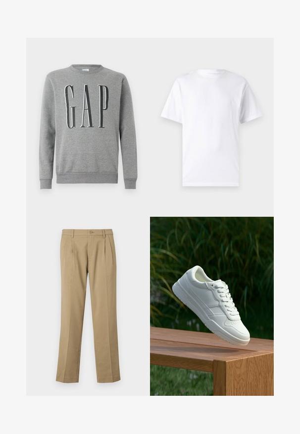 Grauer Sweatshirt mit Rundhalsausschnitt, gerippten Bündchen und Saum, mit dem Wort "GAP" in großer schwarzer Schrift auf der Vorderseite. Weicher Stoff.; Weißes kurzärmeliges T-Shirt aus Baumwolle mit Rundhalsausschnitt, das eine glatte Textur und ein einfaches Design ohne Muster oder Akzente aufweist.; Helle Hosen aus glattem Stoff, mit zwei vorderen Falten, einem Knopfverschluss und geraden Beinen mit einem sauberen Saum.; Weiße Ledersneaker mit glatter Oberfläche, ausgestattet mit einem perforierten Design, klassischer Schnürung und Gummisohle, positioniert auf einer Holzoberfläche.