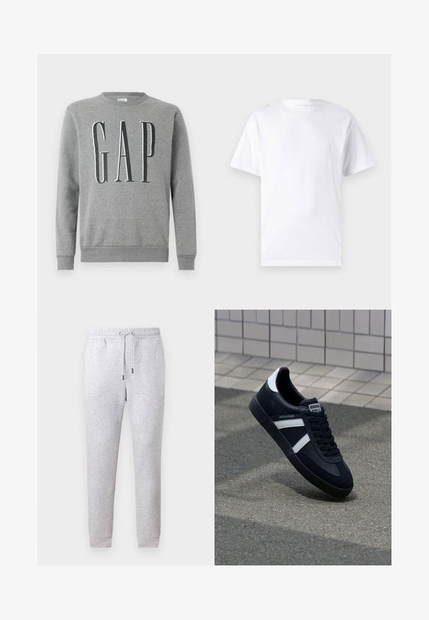 Grå sweatshirt med rund hals, ribbede manchetter og kant, med ordet "GAP" i store sorte bogstaver på forsiden. Blød stofstruktur.; Hvid kortærmet t-shirt lavet af bomuld med rund hals, der har en glat tekstur og et simpelt design uden mønstre eller accenter.; Grå sweatpants i blødt bomuldsblandingsmateriale. Har en elastisk talje med snørebånd og smalle cuffe. Glat tekstur, ingen mønstre.; Sort lædersneaker med hvide striber, tekstureret gummisål og snørrebånd foran. Har et brandet mærke på tungen.