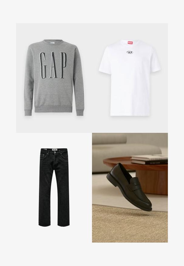 Grauer Sweatshirt mit Rundhalsausschnitt, gerippten Bündchen und Saum, mit dem Wort "GAP" in großer schwarzer Schrift auf der Vorderseite. Weicher Stoff.; Weißes Baumwoll-T-Shirt mit kurzen Ärmeln, runder Halslinie und einem silbernen Diesel-Logopatch auf der Brust. Einfaches Design, einfarbig.; Schwarze Denim-Jeans mit geradem Bein, klassische Fünf-Taschen-Optik und einem subtilen Stonewash-Effekt. Etikett am Bund sichtbar.; Schwarzer Lederloafer-Schuh schwebt über einem beige gewebten Teppich, mit einem Holztisch und gestapelten Büchern in einem sanft beleuchteten Wohnzimmer.