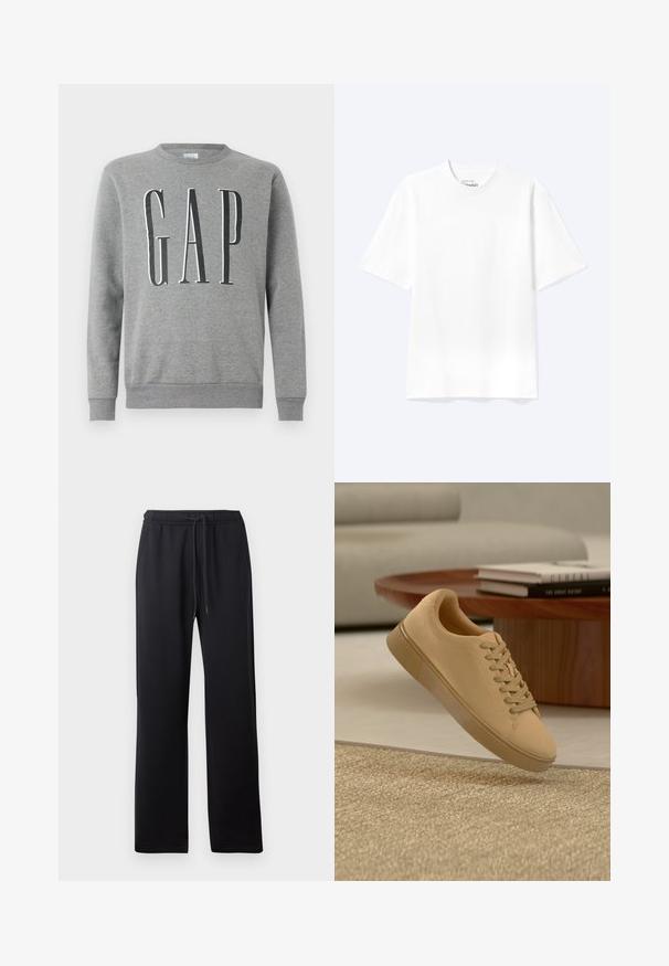 Grå sweatshirt med rund hals, ribbede manchetter og kant, med ordet "GAP" i store sorte bogstaver på forsiden. Blød stofstruktur.; Enkel hvid T-shirt med korte ærmer og rund hals med afslappet pasform, vist på en lys baggrund.; Abercrombie & Fitch ESSENTIAL BAGGY OPEN HEM CASUAL - Træningsbukser - black; Beige snørestøvler, der svæver over et tekstureret tæppe med et træ sofabord og stablede bøger i en sløret baggrund.