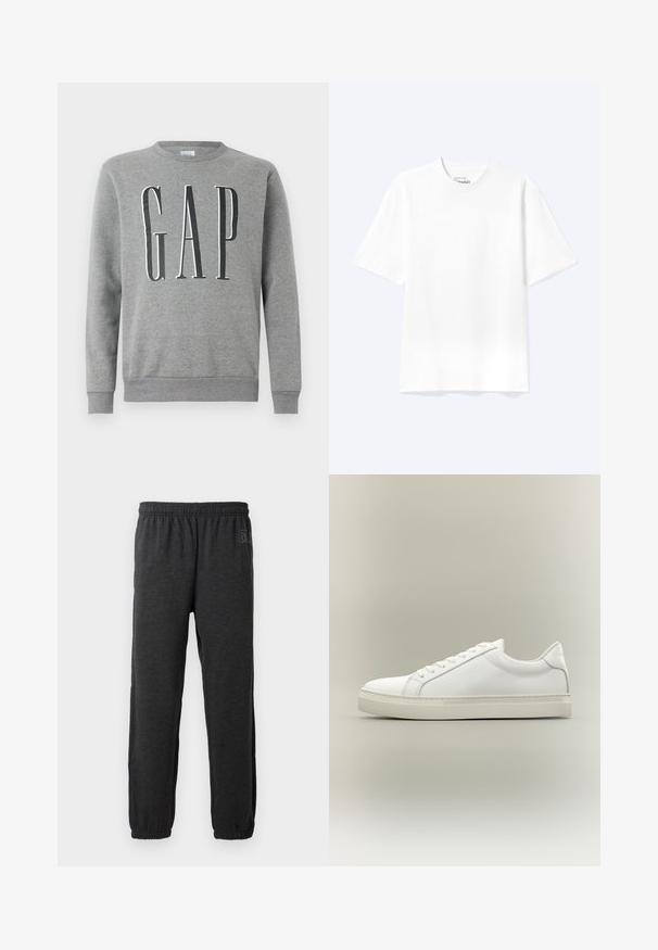 Grauer Sweatshirt mit Rundhalsausschnitt, gerippten Bündchen und Saum, mit dem Wort "GAP" in großer schwarzer Schrift auf der Vorderseite. Weicher Stoff.; Schlichtes weißes T-Shirt mit kurzen Ärmeln und Rundhalsausschnitt in entspannter Passform, auf hellem Hintergrund dargestellt.; Graue Jogginghosen aus weichem Material, mit elastischem Bund und schmal zulaufenden Beinen mit elastischen Bündchen. Dezentes Logo-Detail an einem Bein.; Weißer Sneaker mit niedrigem Schaft, vorn mit Schnürung und dicker Sohle, aus der Seitenansicht vor neutralem Hintergrund.