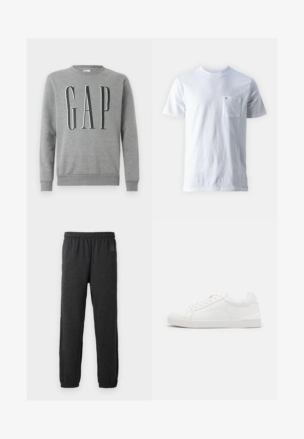 Grauer Sweatshirt mit Rundhalsausschnitt, gerippten Bündchen und Saum, mit dem Wort "GAP" in großer schwarzer Schrift auf der Vorderseite. Weicher Stoff.; Weißes Baumwoll-T-Shirt mit Rundhalsausschnitt, kurzen Ärmeln und einer linken Brusttasche, mit einem kleinen Logo auf der Tasche. Glatte Textur.; Graue Jogginghosen aus weichem Material, mit elastischem Bund und schmal zulaufenden Beinen mit elastischen Bündchen. Dezentes Logo-Detail an einem Bein.; Weiße synthetische Sneakers mit glatter Textur, runder Zehenform, Schnürung, subtilen Steppdetails und Gummisohlen. Abgerundet mit hellblauen Akzenten am Kragen.