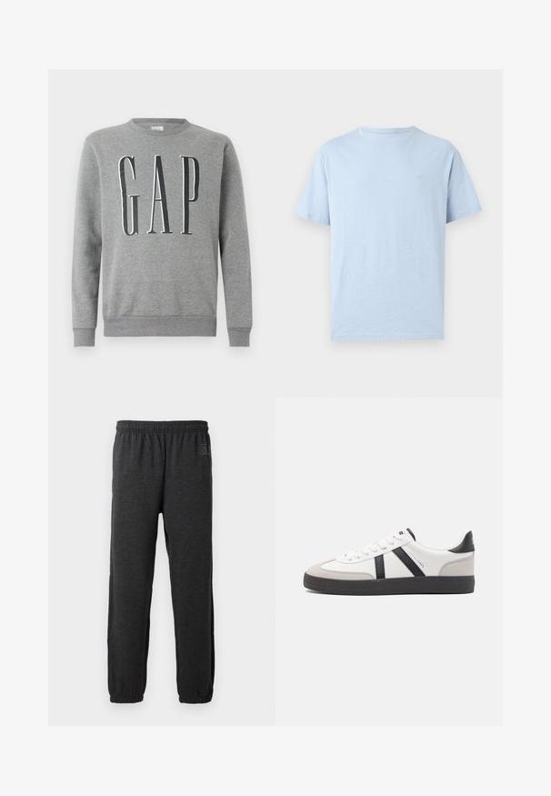 Grå sweatshirt med rund hals, ribbede manchetter og kant, med ordet "GAP" i store sorte bogstaver på forsiden. Blød stofstruktur.; Lyseblå T-shirt med korte ærmer og rund hals med en lille broderet logo på venstre bryst, vist på en ensfarvet baggrund.; Grå sweatpants lavet af blødt stof, med elastisk talje og indsnævrede ben med elastiske manchetter. Subtilt logo detalje på det ene ben.; Hvide sneakers med sorte og grå detaljer, med en tekstureret grå tåhætte, sort gummisål og flade hvide snørebånd. Rent design, minimalistisk stil.