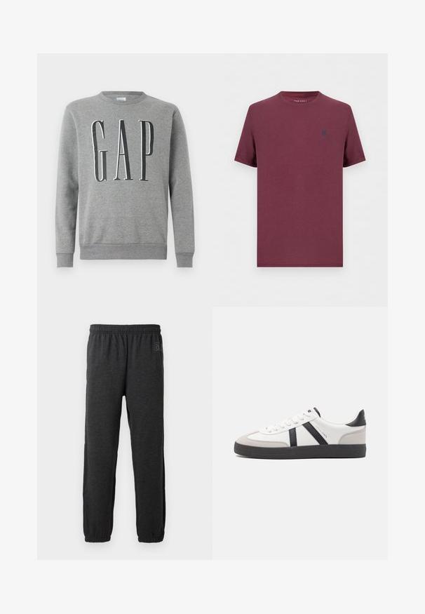 Grå sweatshirt med rund hals, ribbede manchetter og kant, med ordet "GAP" i store sorte bogstaver på forsiden. Blød stofstruktur.; Almindelig t-shirt med korte ærmer og rund hals i bordeaux med et lille mørkt emblem på venstre bryst fra Pier One.; Grå sweatpants lavet af blødt stof, med elastisk talje og indsnævrede ben med elastiske manchetter. Subtilt logo detalje på det ene ben.; Hvide sneakers med sorte og grå detaljer, med en tekstureret grå tåhætte, sort gummisål og flade hvide snørebånd. Rent design, minimalistisk stil.
