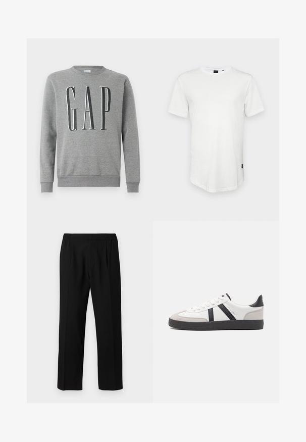Grauer Sweatshirt mit Rundhalsausschnitt, gerippten Bündchen und Saum, mit dem Wort "GAP" in großer schwarzer Schrift auf der Vorderseite. Weicher Stoff.; Weißes T-Shirt mit kurzen Ärmeln aus Baumwolle, mit Rundhalsausschnitt und einem leicht verlängerten Rückenteil, sowie einem kleinen Logo-Akzent an der Seite.; Schwarze Hose aus einem glatten Stoff, mit einem elastischen Bund, geradem Bein und zwei Frontfalten für zusätzlichen Detail.; Weiße Sneaker mit schwarz- und grau-aczenten, ausgestattet mit einer strukturierten grauen Zehenkappe, schwarzer Gummi-Sohle und flachen weißen Schnürsenkeln. Sauberes Design, minimalistische Stil.