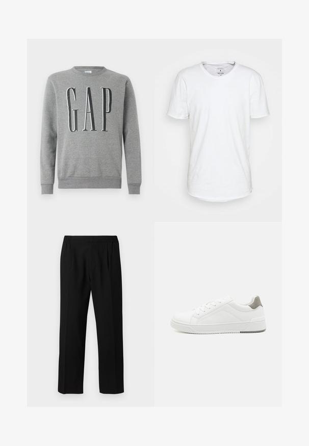 Grauer Sweatshirt mit Rundhalsausschnitt, gerippten Bündchen und Saum, mit dem Wort "GAP" in großer schwarzer Schrift auf der Vorderseite. Weicher Stoff.; Weißes T-Shirt mit kurzen Ärmeln aus Baumwolle und klassischem Rundhalsausschnitt. Verfügt über einen leicht abgerundeten Saum und minimale Nähdetails.; Schwarze Hose aus einem glatten Stoff, mit einem elastischen Bund, geradem Bein und zwei Frontfalten für zusätzlichen Detail.; Weißer Sneaker aus glattem Leder, runde Zehenpartie, minimalistisches Design, graue Fersenkante und strukturierte Gummisohle.
