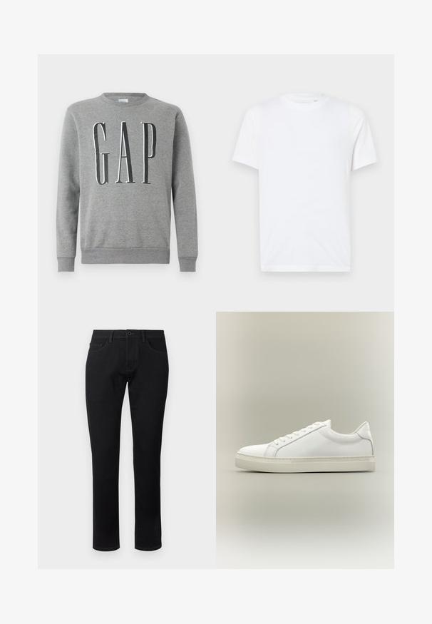 Grijze sweatshirt met een ronde hals, ribgebreide manchetten en zoom, met het woord "GAP" in grote zwarte letters op de voorkant. Zachte stoftextuur.; Witte katoenen t-shirt met een ronde hals en korte mouwen. Bevat een klein, reliëf logo op de linkerkant van de borst. Gladde textuur.; TOM TAILOR TTJOSH REGULAR SLIM FIT - Jeans Tapered Fit - black denim; Witte lage sneaker met veters aan de voorkant en dikke zool, zijaanzicht tegen een neutrale achtergrond.