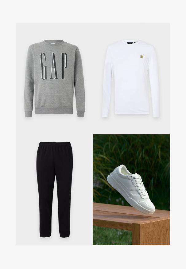 Grå sweatshirt med rund hals, ribbede manchetter og kant, med ordet "GAP" i store sorte bogstaver på forsiden. Blød stofstruktur.; Langærmet hvid skjorte lavet af bomuld med et lille gult broderet logo på venstre bryst. Enkel design med rund halsudskæring.; Sorte afslappede sweatpants med elastisk talje og ankler, præsenteret mod en ensfarvet hvid baggrund.; Hvide lædersneakers med en glat overflade, prydet med perforeret design, klassisk snørering og gummisål, placeret over en træoverflade.