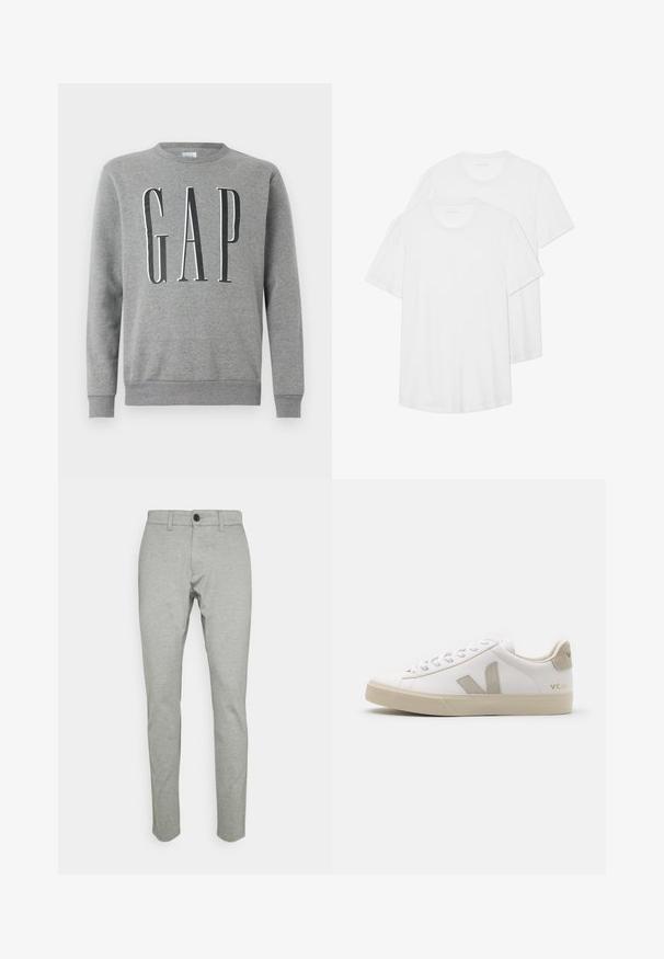 Grauer Sweatshirt mit Rundhalsausschnitt, gerippten Bündchen und Saum, mit dem Wort "GAP" in großer schwarzer Schrift auf der Vorderseite. Weicher Stoff.; Zwei weiße Kurzarm-T-Shirts aus Baumwolle mit Rundhalsausschnitt, weichem Material und einem einfachen, schlichten Design.; Helle graue Baumwollmix-Hosen, schlanker Schnitt, mit einem Frontknopfverschluss, Gürtelschlaufen und subtiler Textur. ; Weiße Ledersneaker mit beigen Akzenten, flacher Gummisohle, runder Zehenpartie und kontrastierendem Logo an der Seite und Rückseite. Mit Schnürdesign.