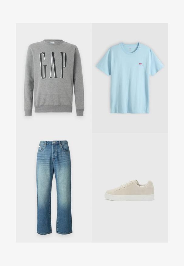 Grå sweatshirt med rund hals, ribbede manchetter og kant, med ordet "GAP" i store sorte bogstaver på forsiden. Blød stofstruktur.; Lyseblå T-shirt med korte ærmer og rund halsudskæring med lille rødt Levi's-logo på venstre bryst.; Lysblå denimjeans med lige ben, fem lommer, knaplukning foran og subtil fading over hele stoffet.; Beige lavt snøresko med snørebånd foran og tyk hvid gummisål på en ensfarvet lysegrå baggrund.