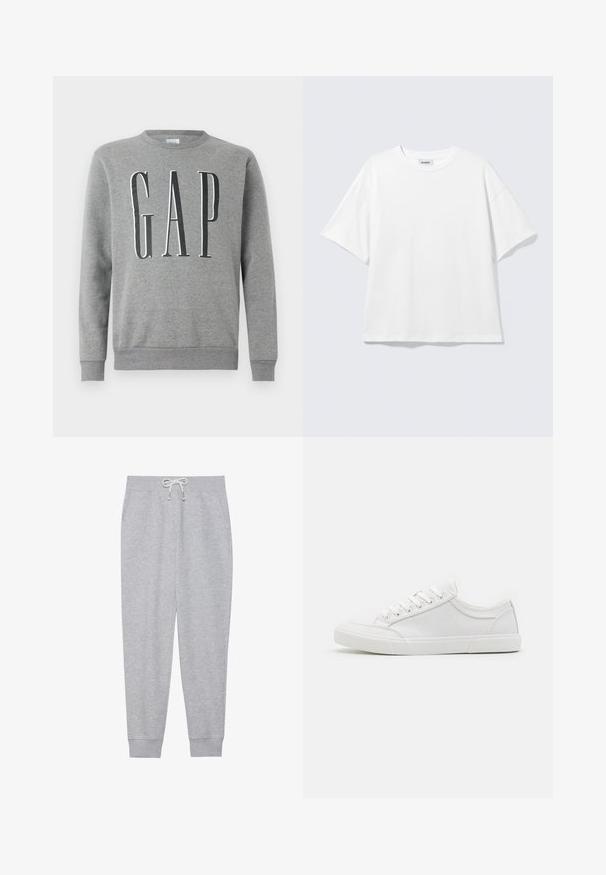 Grauer Sweatshirt mit Rundhalsausschnitt, gerippten Bündchen und Saum, mit dem Wort "GAP" in großer schwarzer Schrift auf der Vorderseite. Weicher Stoff.; Weißes oversized T-Shirt mit kurzen Ärmeln und Rundhalsausschnitt mit eingesetzten Schultern, flach auf hellgrauem Hintergrund.; Graue Sweatpants aus weichem Stoff, mit einem elastischen Bund und einem Kordelzug, seitlichen Taschen und gerippten Bündchen an den Knöcheln.; Weiße Sneakers mit einem Obermaterial aus glattem Leder, runder Zehenpartie, flacher Gummisohle und sechs Ösen für die Schnürsenkel. Subtile Nähdetails, minimalistisches Design.