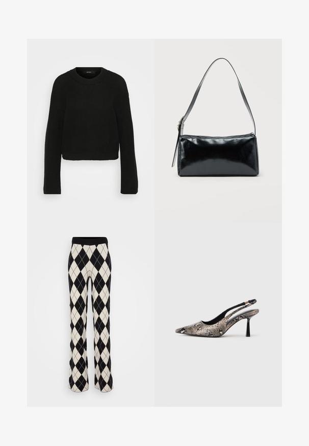 Pull en tricot noir avec un col rond et des manches longues. Présente un motif texturé et un design court.; Pantalon en maille à motif argyle noir et blanc avec des jambes évasées et une taille élastique, présentant une texture douce et des formes de losanges.; Chaussures slingback à bout pointu en matériau à imprimé serpent texturé, avec un talon noir fin et un design découpé sur les côtés.; Sac d'épaule rectangulaire noir avec une sangle réglable unique et une fermeture éclair supérieure sur un fond uni.