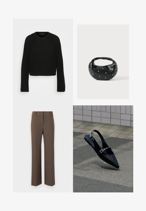 Pull en tricot noir avec un col rond et des manches longues. Présente un motif texturé et un design court.; Pantalon brun à jambes droites avec passants pour ceinture, détail de couture avant et taille haute, présenté sur un fond neutre.; Mocassin noir à bout pointu et bride arrière, avec double boucle, posé sur un asphalt gris près d'un mur carrelé en arrière-plan.; Sac à main en cuir noir de forme arrondie, décoré de clous argentés et équipé d'une poignée courte. Texture lisse et fermeture éclair.
