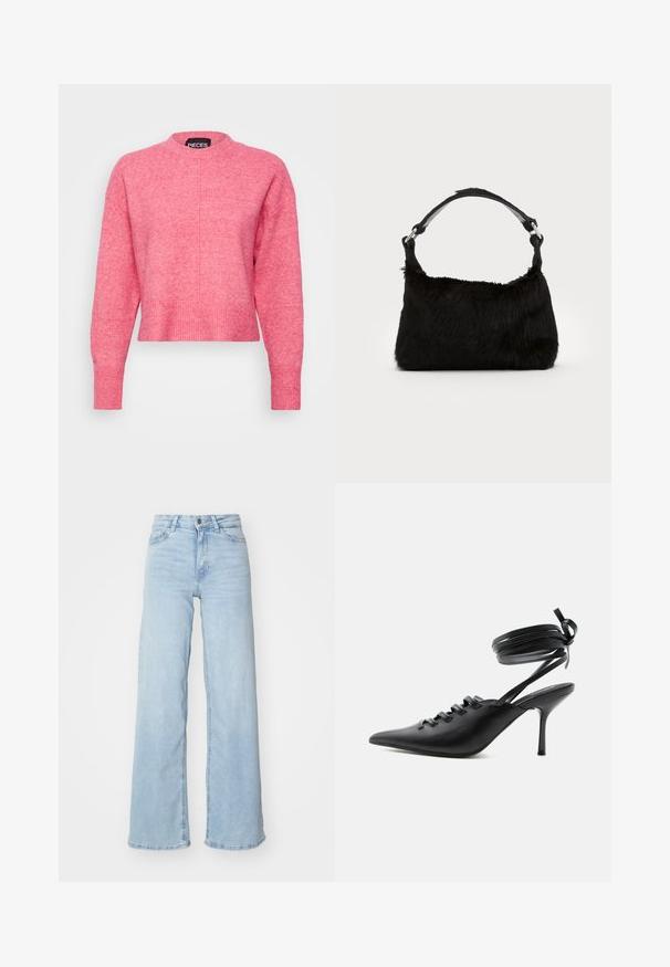 Pull cropped rose avec un col rond, des manches longues, des poignets et un ourlet côtelés, présente une finition légèrement texturée. Étiquette de marque visible.; Jeans en denim bleu clair à jambes larges. Dispose d'une taille haute, d'une fermeture à bouton à l'avant et de deux poches. Texture lisse avec un léger dégradé.; Chaussure à talon haut noire à bout pointu avec laçage à l'avant et brides enroulées autour de la cheville nouées en nœud, vue de côté sur fond blanc.; Sac à main en fausse fourrure noire avec une texture douce, une forme arrondie et une bandoulière en cuir noir robuste. Accent en métal argenté visible.