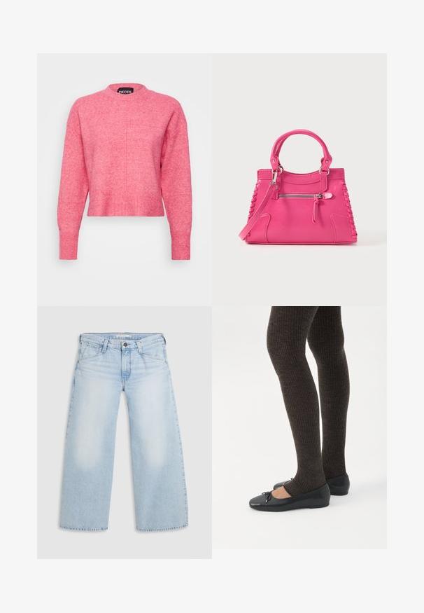 Pull cropped rose avec un col rond, des manches longues, des poignets et un ourlet côtelés, présente une finition légèrement texturée. Étiquette de marque visible.; Jean large bleu clair en denim. Présente une coupe droite, un design à cinq poches et une fermeture par bouton à la taille.; Jambes portant des leggings côtelés foncés associés à des ballerines noires avec de petits détails en nœud sur fond blanc.; Sac à main en cuir rose avec deux poignées, laçage décoratif sur les côtés et une poche zippée à l'avant. Texture lisse, forme structurée.