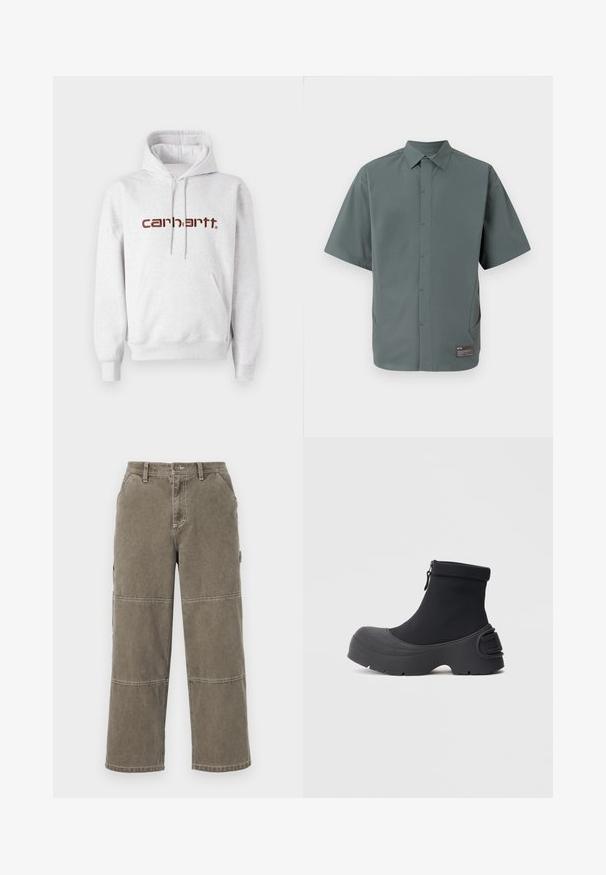 Grijze katoenen hoodie met een kangoeroezak, een capuchon met trekkoord en het "carhartt" logo in donkerbruin over de borst.; Korte mouwen shirt van gematteerd groene stof, met een klassieke kraag, knoopsluiting aan de voorkant, zijzakken en een label aan de zoom.; Katoenen cargobroek in gedempt olijfgroen met brede pijpen, dubbele stiksels, en zijzakken, voorzien van een knoopsluiting en riemlussen.; Zwarte waterdichte enkellaarzen met een glad, rekbaar bovenwerk, gevormde rubberen zool en een zijrits; opvallend breed, afgerond teenontwerp.