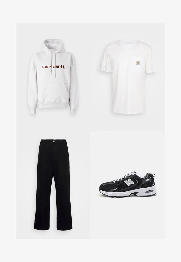 Grijze katoenen hoodie met een kangoeroezak, een capuchon met trekkoord en het "carhartt" logo in donkerbruin over de borst.; Witte katoenen t-shirt met korte mouwen, een borstzak en een klein vierkant logo-opdruk in oranje en wit op de zak.; Zwarte broek van zwaar materiaal, met een rechte pijp ontwerp, voorzakken, een rits en een enkele metalen knoopsluiting.; Zwarte en grijze sport schoenen met een bovenwerk van mesh en suede, voorzien van een witte tussenzool, veters en een gedurfde "N"-logo aan de zijkant.