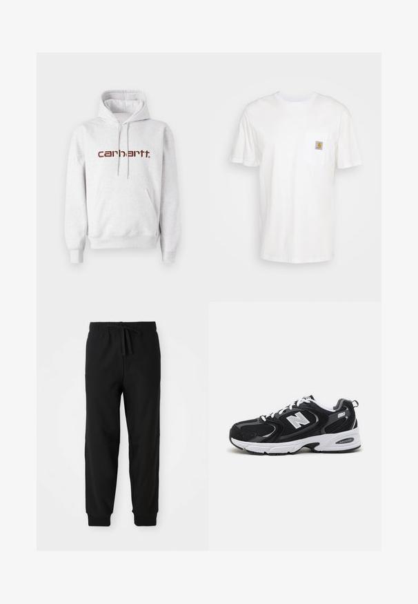 Grauer Baumwoll-Hoodie mit Kängurutasche, Kordelzugkapuze und "Carhartt"-Logo in Dunkelbraun auf der Brust.; Weißes Baumwoll-T-Shirt mit kurzen Ärmeln, einer Brusttasche und einem kleinen quadratischen Logopatch in Orange und Weiß auf der Tasche.; Schwarze Sweatpants mit elastischem Bund und verstellbarem Kordelzug. Enganliegende Bündchen und Seitennähte schaffen eine schlanke Silhouette.; Schwarze und graue Sportschuhe mit Obermaterial aus Mesh und Wildleder, ausgestattet mit einer weißen Zwischensohle, Schnürsenkeln und einem markanten "N"-Logo an der Seite.