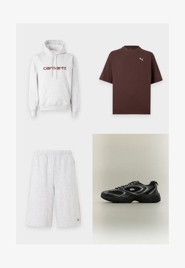Grauer Baumwoll-Hoodie mit Kängurutasche, Kordelzugkapuze und "Carhartt"-Logo in Dunkelbraun auf der Brust.; Braunes T-Shirt mit kurzen Ärmeln und Rundhalsausschnitt, mit kleinem weißem Puma-Logo auf der linken Brust vor weißem Hintergrund.; Hellgraue knielange Shorts mit elastischem Bund und kleinem Markenlogo am unteren linken Bein.; Schwarzer und grauer Sportschuh mit Netzpaneelen, Schnürdesign, dicker Sohle und einem kleinen Krokodil-Logo an der Seite.
