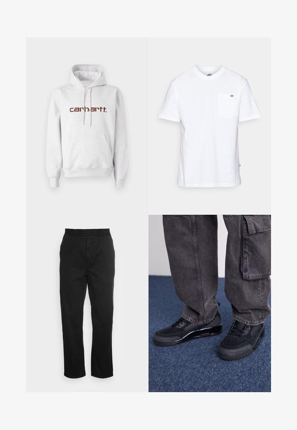 Grauer Baumwoll-Hoodie mit Kängurutasche, Kordelzugkapuze und "Carhartt"-Logo in Dunkelbraun auf der Brust.; Weißes Baumwoll-T-Shirt mit Rundhalsausschnitt, kurzen Ärmeln und einer Brusttasche, die auf der linken Seite ein kleines Markenlogo aufweist.; Schwarze Baumwollhose mit elastischem Bund, geraden Beinen und seitlichen Taschen. Glatte Textur ohne Muster oder Akzente.; Schwarze Sportschuhe mit einer strukturierten Oberfläche, glatten Akzenten und einer chunky Sohle, kombiniert mit dunklen, lässig sitzenden Cargo-Hosen.