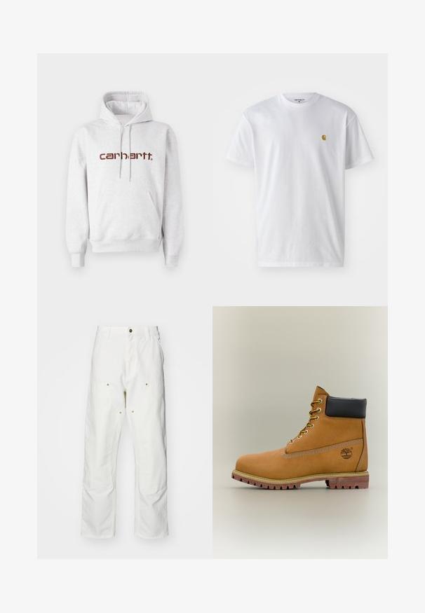 Grijze katoenen hoodie met een kangoeroezak, een capuchon met trekkoord en het "carhartt" logo in donkerbruin over de borst.; Witte katoenen t-shirt met korte mouwen en ronde hals, voorzien van een klein gouden logo op de linkerkant van de borst. Zachte textuur en een normale pasvorm.; Witte katoenen cargobroeken met een relaxte pasvorm. Kenmerken zijn onder andere voorzakken, gouden hardware accenten en versterkte kniezones.; Bruine leren enkellaars met zwarte kraag, gele veters en een zandkleurige zool. Voorzien van een logo en witte stikseldetails. Robuuste loopzool met grip.