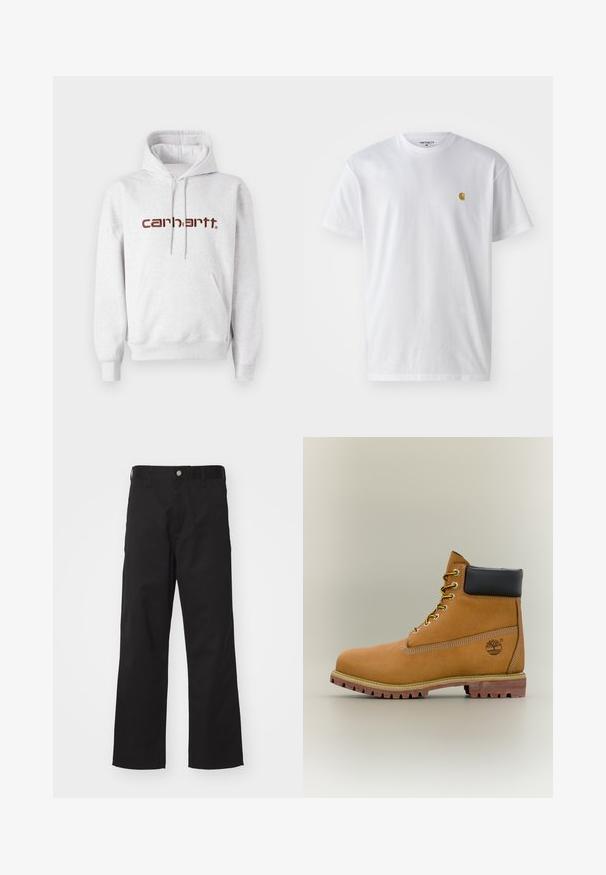 Grå bomulds-hættetrøje med kengurulomme, snoretræk i hætten og "carhartt" logo i mørkebrunt over brystet.; Hvid bomulds t-shirt med korte ærmer, rund hals og et lille guld logo på venstre brystområde. Blød tekstur og almindelig pasform.; Sorte bukser lavet af slidstærkt stof med lige pasform, der har knaplukning foran, bæltestropper og ingen synlige mønstre eller accenter.; Brun læderankelstøvle med sort krave, gule snørebånd og tanfarvet sål. Har logo og hvide syninger som detalje. Robust ydersål med greb.