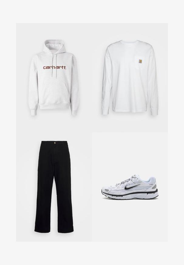 Grå bomulds-hættetrøje med kengurulomme, snoretræk i hætten og "carhartt" logo i mørkebrunt over brystet.; Langærmet hvid skjorte lavet af bomuld, med en brystlomme og et kvadratisk logomærke. Simpelt design med rund udskæring og manchetter.; Sorte bukser lavet af tungt stof, med lige ben-design, forlommer, lynlås og en enkelt metallisk knaplukning.; Hvide løbesko med mesh-overdel, rund tå, sorte accenter og mønstret sål. Har snøring og branding på siden.