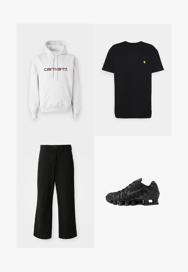 Grijze katoenen hoodie met een kangoeroezak, een capuchon met trekkoord en het "carhartt" logo in donkerbruin over de borst.; Zwarte katoenen t-shirt met korte mouwen, ronde hals en een klein geel logo op de linker borst. Eenvoudig ontwerp en normale pasvorm.; Zwarte wijde broek van zachte stof, met voorzakken en een knoopsluiting in de taille. Minimalistisch ontwerp zonder zichtbare patronen.; Zwarte sportschoenen gemaakt van mesh en synthetische materialen, met een opvallend golvend ontwerp, zwarte rubberen zool en reflecterende accenten.