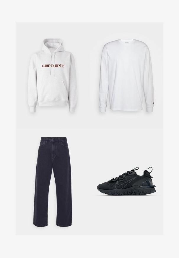 Grijze katoenen hoodie met een kangoeroezak, een capuchon met trekkoord en het "carhartt" logo in donkerbruin over de borst.; Witte lange mouwen T-shirt van katoen. Ronde hals ontwerp met ribgebreide manchetten en een klein logo op de linkermouw. Gladde textuur.; Donker gewassen denim jeans met een wijde pasvorm, hoge taille en vijf-pocket ontwerp. Beschikt over een klassieke knoop- en ritssluiting.; Zwarte sportieve schoen met een ademende bovenkant van mesh, gestructureerde accenten en een golvende rubberen zool. Heeft een reflecterende logo en vetersysteem.